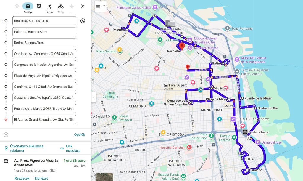 Tervezett útvonal: Retiro – Recoleta – Palermo – Micro Centro – Congreso – San Telmo – La Boca – Costanera Sur – Puerto Madeiro